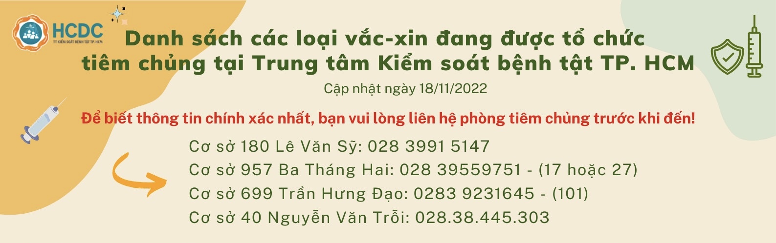 Danh sách các loại vắc-xin đang được tổ chức tiêm chủng tại Trung tâm Kiểm soát bệnh tật TP. Hồ Chí Minh (Ngày 18/11/2022)