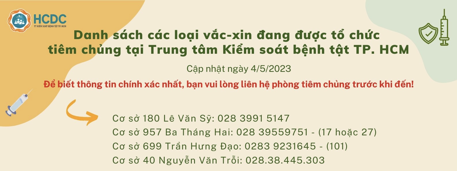 Danh sách các loại vắc-xin đang được tổ chức tiêm chủng tại Trung tâm Kiểm soát bệnh tật TP. Hồ Chí Minh (Ngày 4/5/2023)